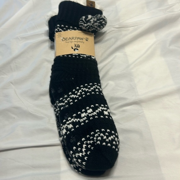 BearPaw Accessories - Bear paw slipper socks in black white pom pom. Sherpa lines lounge socks. New